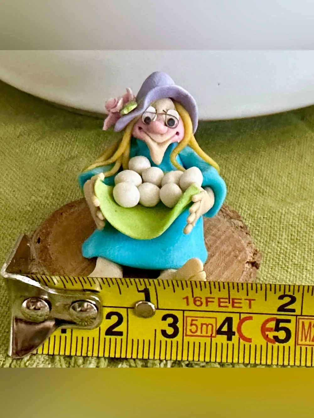 Nancy Pippen People Signed Handmade Clay Witch Figurine on Driftwood - 1.5”in